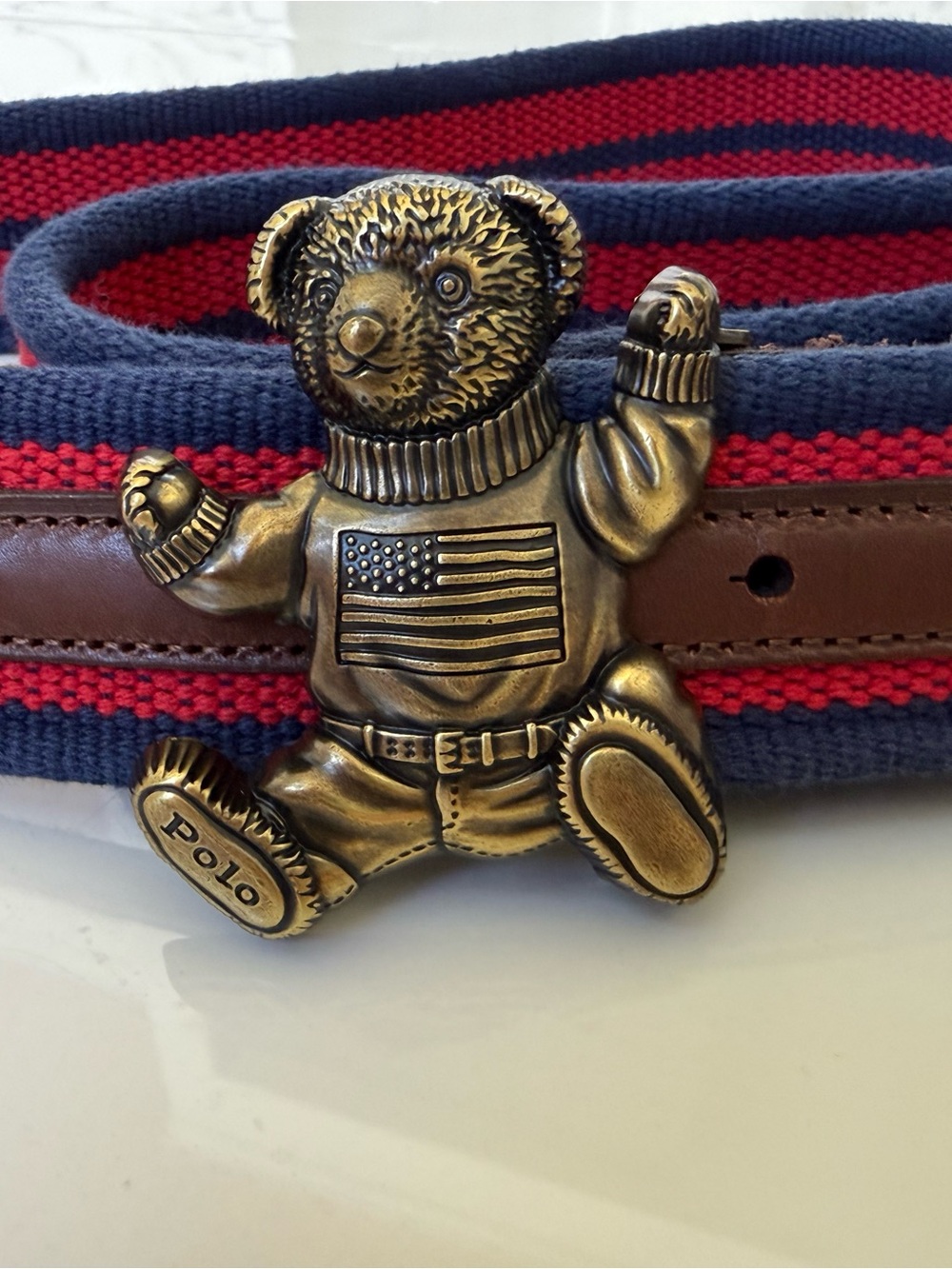 Polo by Ralph Lauren Navy & Red Striped Canvas Belt w/Teddy Bear Buckle size 42